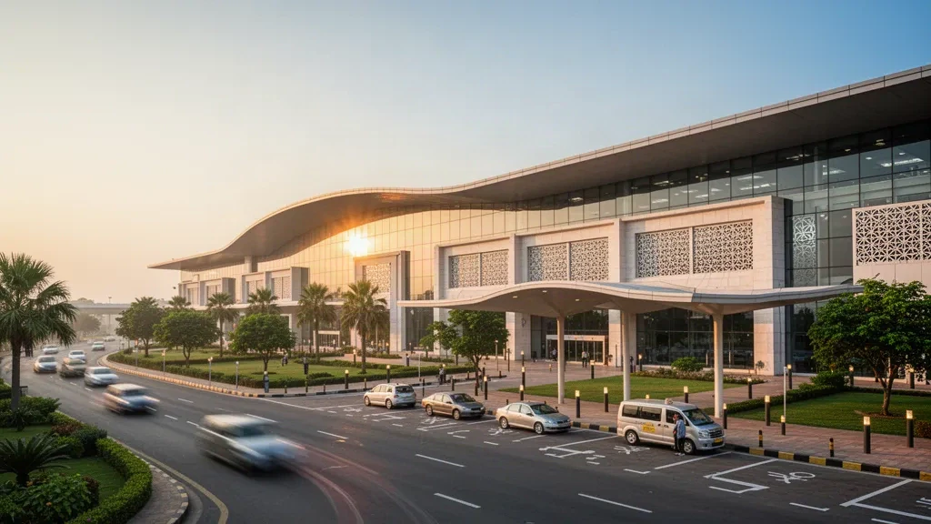 Moderne Glasfassade des Terminals und Abholspuren am Lal Bahadur Shastri International Airport in Varanasi zur goldenen Stunde