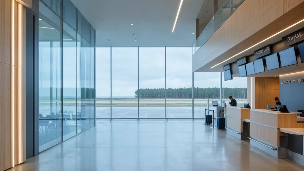 Innenbereich des Terminals des Flughafens Ventspils International in Lettland mit Check-in-Bereich und Blick auf die Landebahn