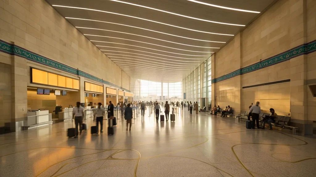 Interior espacioso de la sala de salidas del Aeropuerto Internacional Lal Bahadur Shastri en Varanasi con mostradores de check-in y viajeros