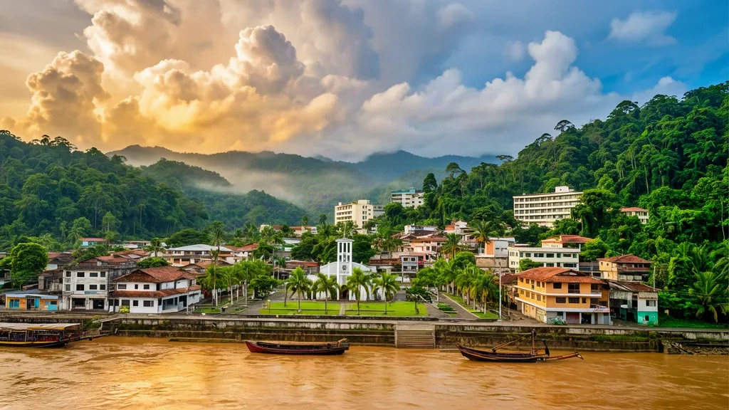 Panorama urbano sul lungofiume di Puerto Francisco de Orellana sul Rio Napo, circondato dalla lussureggiante foresta pluviale amazzonica a Orellana, Ecuador.