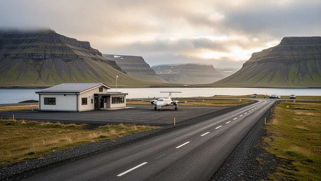 Petit terminal régional et tarmac de l'aéroport de Vopnafjörður dans l'est de l'Islande, encadré par les montagnes du fjord sous une douce lumière nordique