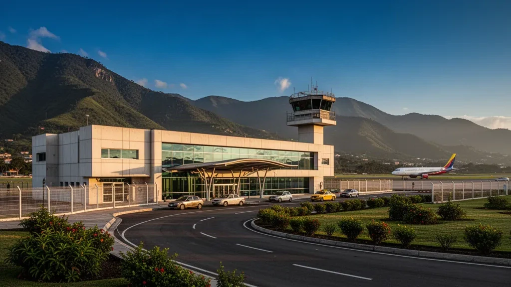 Terminaleingang und Bringspur am Flughafen Dr. Antonio Nicolás Briceño in Valera, Trujillo, Venezuela, im warmen Licht des späten Nachmittags.