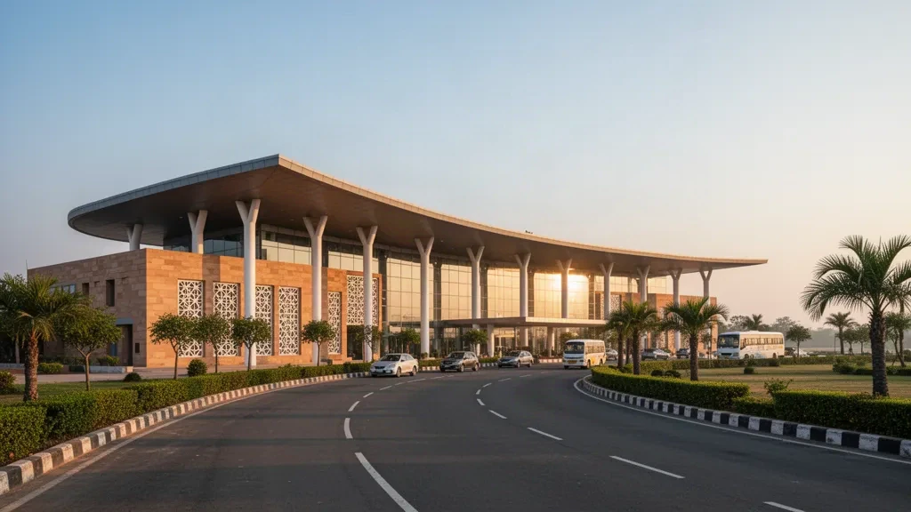 Außenansicht eines modernen Glasterminals am Flughafen Shravasti in Uttar Pradesh, Indien, von der Vorfahrspur zur goldenen Stunde aus gesehen