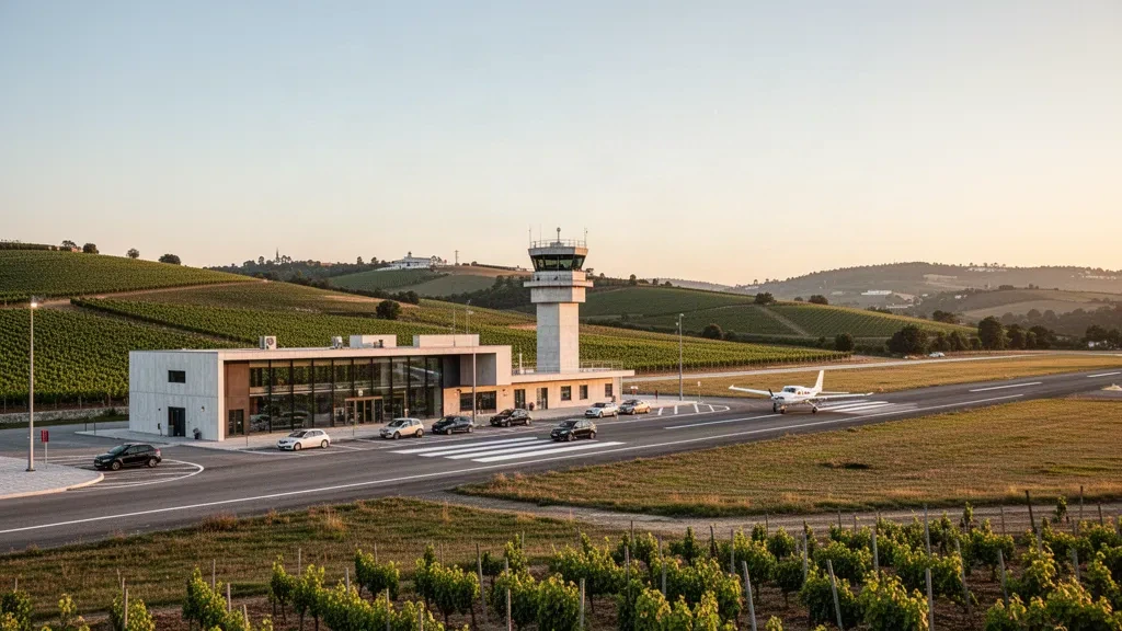 Heure dorée à l'aéroport de Viseu au Portugal, montrant le terminal moderne, la piste et les collines verdoyantes environnantes.