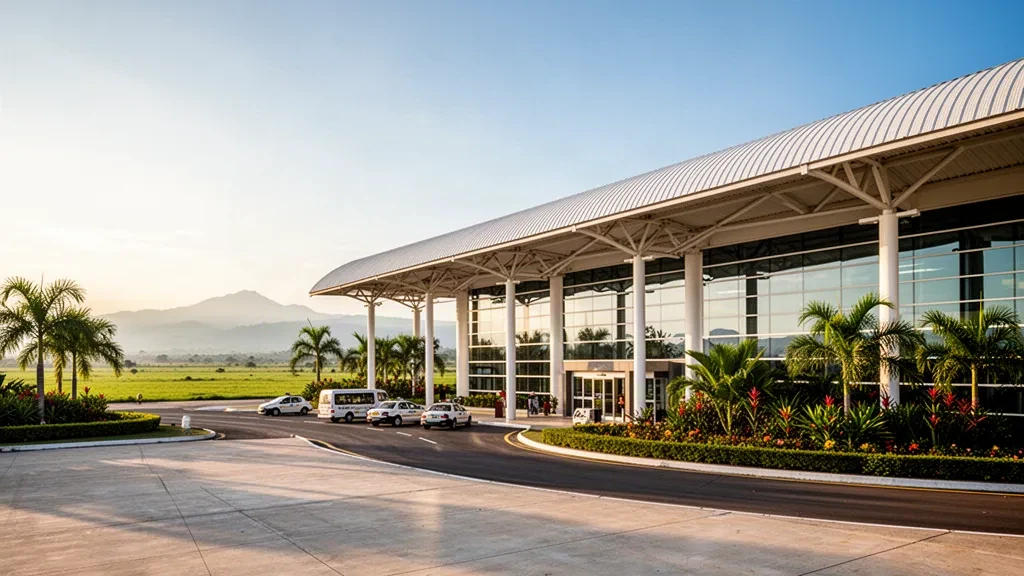 Extérieur d'un terminal moderne à l'aéroport Vanguardia de Villavicencio, en Colombie, avec un paysage tropical des Llanos et une lumière dorée de fin de journée