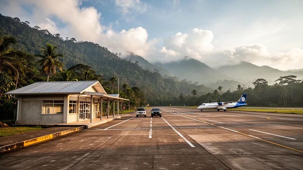 Terminal regional y plataforma en el Aeropuerto Las Malvinas en Echarate, Perú, rodeados de verdes colinas de bosque nuboso bajo una cálida luz de tarde.