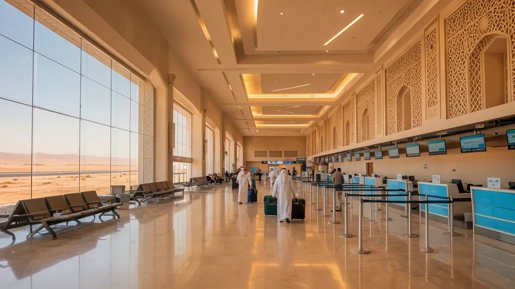 Seyahat edenler, Vadi ed Devasir İç Hatlar Havalimanı'nın doğal ışık ve çöl manzaralarına sahip modern terminal içinden geçiyor.