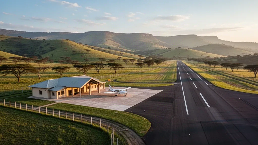 Vryheid, KwaZulu-Natal'ın yeşil tepelerinde küçük bölgesel havaalanı, altın saatte apronda hafif bir uçak