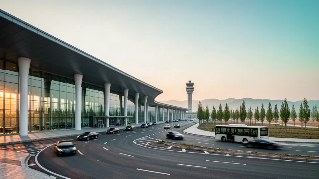 Modernes Glasterminal mit geschwungenem Dach und Vorfahrtspur am Flughafen Weifang Nanyuan in Shandong im warmen Licht der goldenen Stunde
