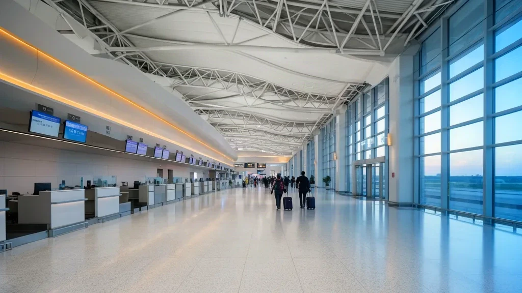 Helle Abflughalle im Flughafen Weifang Nanyuan in Shandong mit Check-in-Schaltern, Glaswänden und Reisenden auf dem Weg zu den Gates