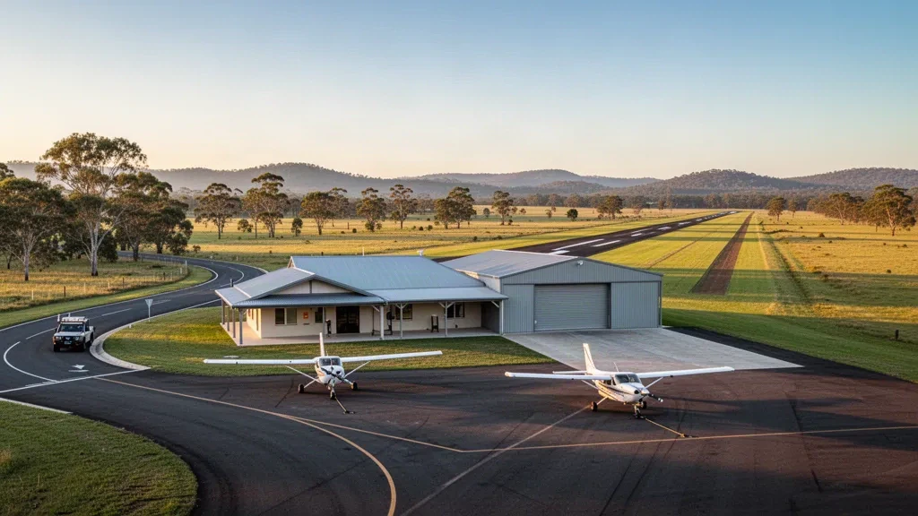 Pista rural en el aeropuerto de Wondai, en Queensland, con aviones ligeros en la plataforma, un hangar bajo y hileras de eucaliptos durante la hora dorada