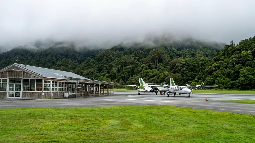 Yeni Zelanda'nın Batı Kıyısı'ndaki Franz Josef Aerodrome WHO'da apronda ahşap terminal binası ve manzaralı uçuş uçağı