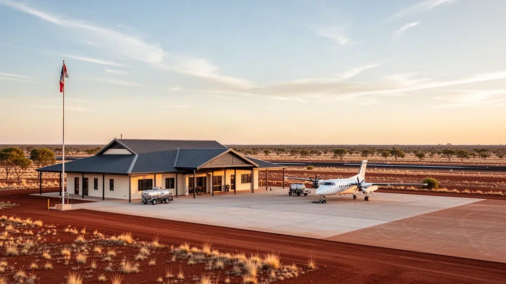Bâtiment terminal régional et aire de trafic des aéronefs à l'aéroport de Winton dans l'Outback du Queensland, en Australie, à l'heure dorée