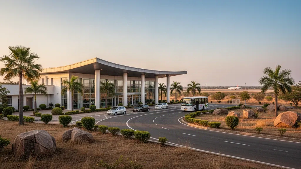 Modern low-rise terminal building and landscaped approach road at Warangal Airport in Mamnoor, Telangana at golden hour