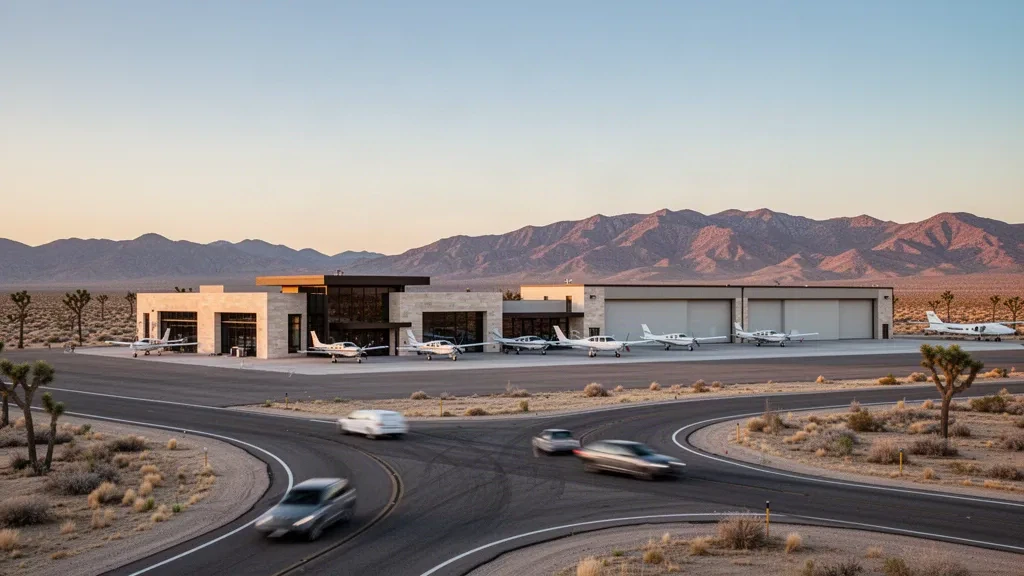 Sonnenbeschienenes Vorfeld, Hangars und niedriges modernes Terminal am General William J Fox Airfield in Lancaster, Kalifornien, eingerahmt von Bergen der High Desert.