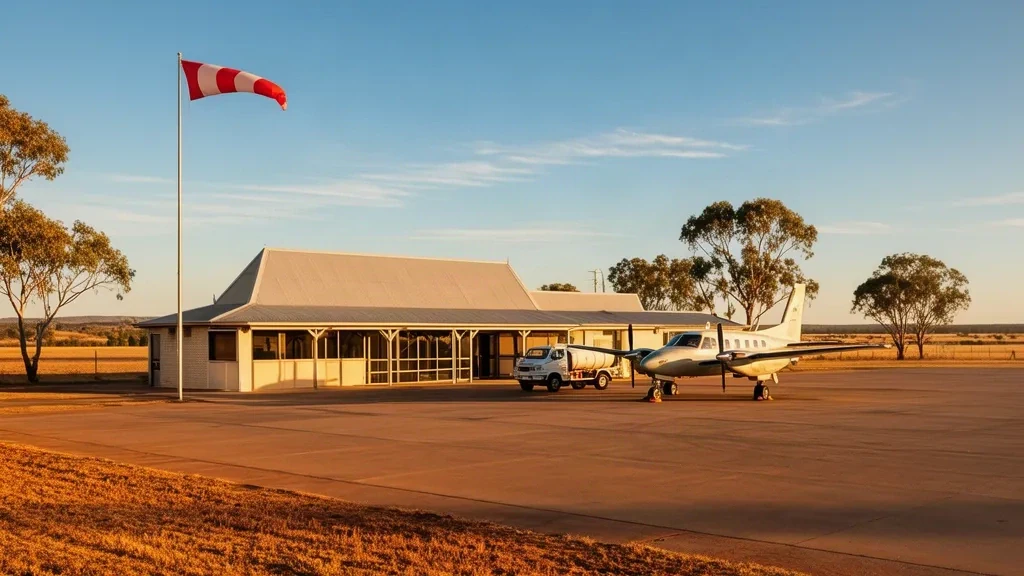 Edificio terminal rurale basso, piazzale e aerei leggeri a Miles Airport in Queensland, Australia, sotto il sole del tardo pomeriggio