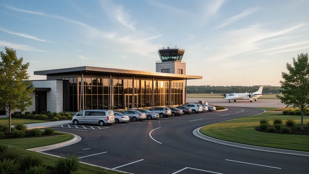Moderno terminal in vetro e corsia di sosta per la salita e la discesa dei passeggeri presso l'aeroporto di Waterloo nella calda luce dell'ora d'oro, con un aereo regionale e il cielo aperto sullo sfondo