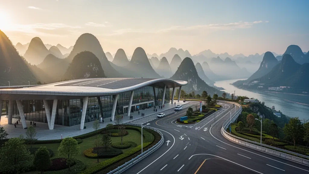 Moderno terminal in vetro e pista dell'aeroporto di Chongqing Wushan immersi tra montagne nebbiose durante l'ora dorata.