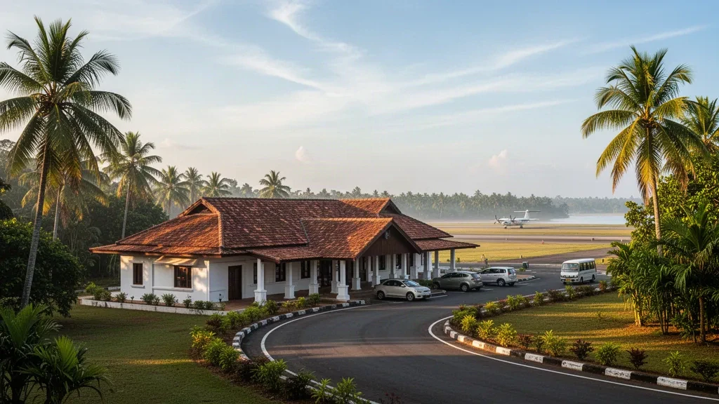 Low-rise tropical terminal and palm-lined apron at Weerawila Airport in southern Sri Lanka in warm late-afternoon light