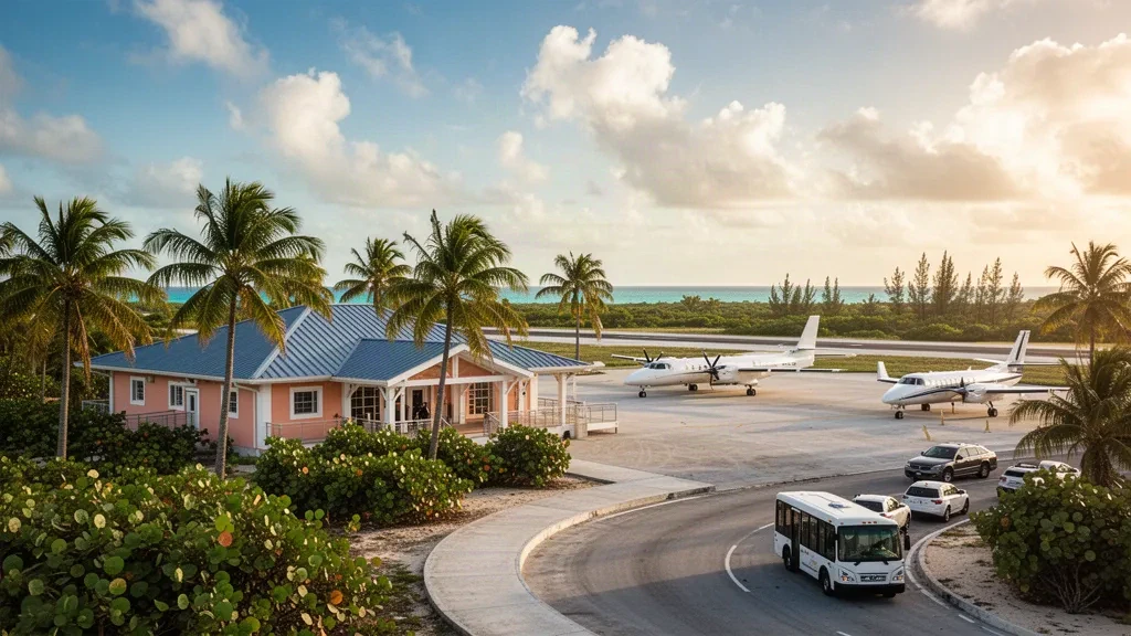 Grand Bahama'daki West End Havalimanı terminali, palmiye ağaçları, küçük bir apron ve sıcak Karayip gökyüzü altında tropikal pist