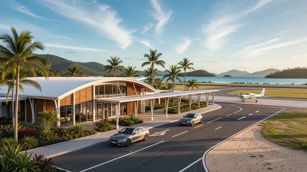 Modern tropical terminal and apron at Whitsunday Airport near Shute Harbour, Queensland, glowing in warm afternoon light.