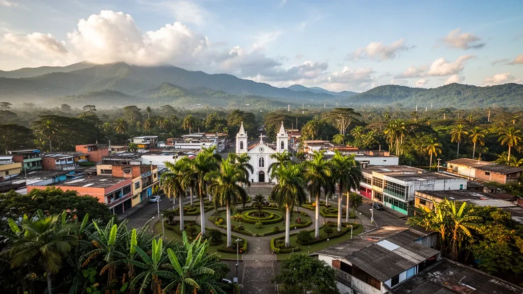 Paysage urbain tropical de Santo Domingo de los Tsáchilas, en Équateur, avec une place centrale bordée de palmiers et une cathédrale blanche sous une lumière dorée d'après-midi