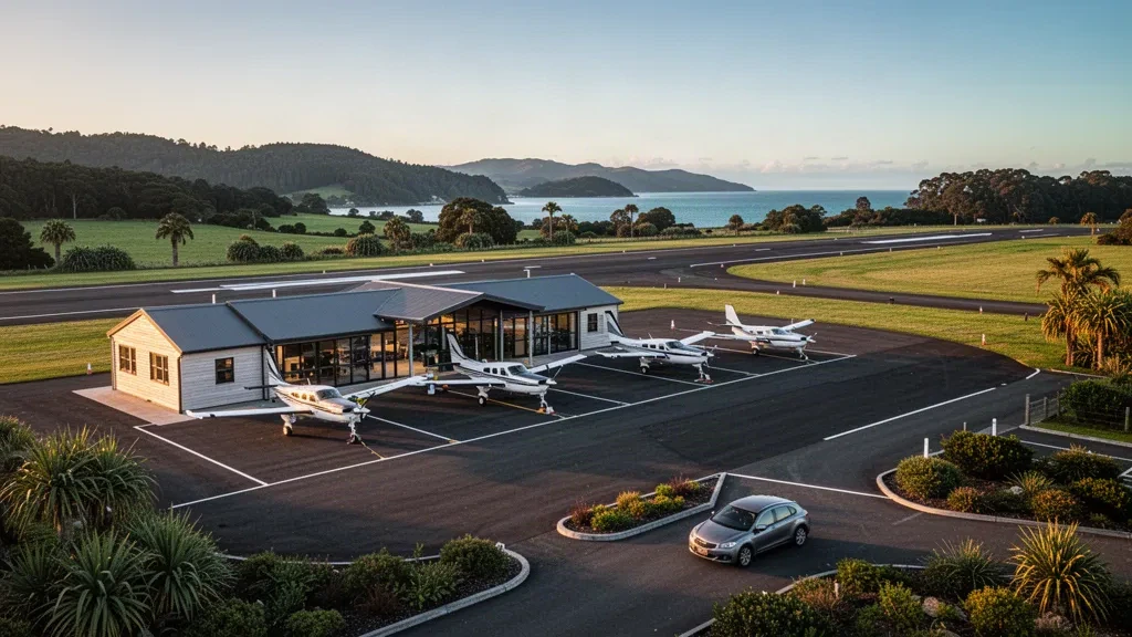 Petit terminal aéroportuaire côtier et aire de stationnement des aéronefs à l'aéroport de Whitianga, sur la péninsule de Coromandel en Nouvelle-Zélande, dans une lumière dorée du soir