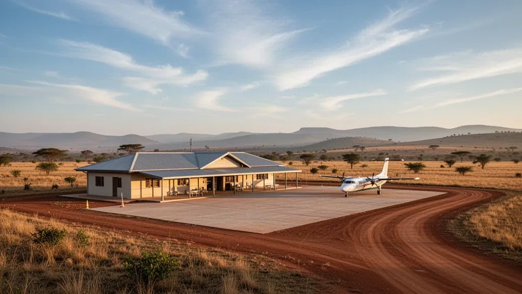 Sonnenbeschienenes niedriges Terminal und Vorfeld am Flughafen Tsiroanomandidy im Hochland von Madagaskar, eingerahmt von trockenem Grasland und fernen Hügeln