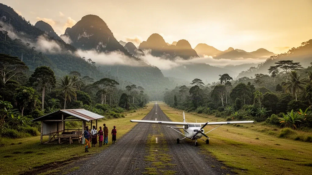 Piste en gravier isolée à l'aéroport de Wantoat, dans la province de Morobe, en Papouasie-Nouvelle-Guinée, encadrée par les montagnes brumeuses des hautes terres au lever du soleil.
