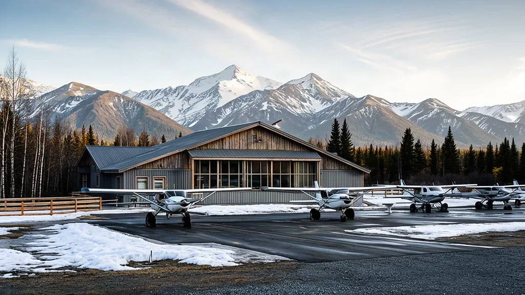 Alaska'daki Wasilla Havalimanı'nda Talkeetna Dağları'nın altındaki karlı apronda park etmiş pervaneli uçaklarla küçük genel havacılık terminali