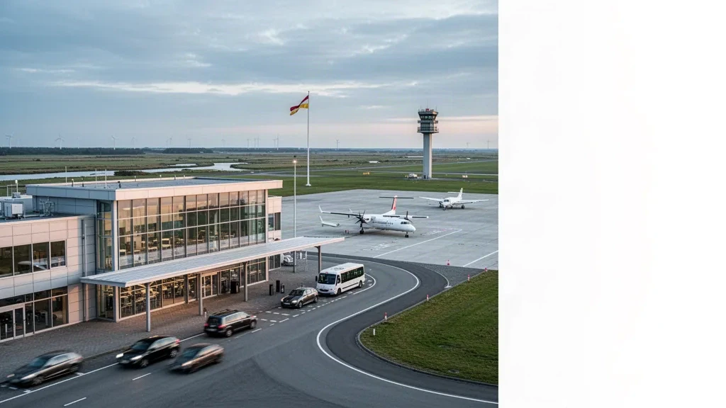 Kuzey Denizi kıyısındaki Wilhelmshaven yakınlarındaki JadeWeser Havaalanı'nda modern cam terminal, bırakma şeridi ve hafif uçakların bulunduğu apron