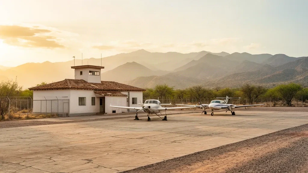 Petit terminal d'un seul étage et tarmac à aéronefs à l'aéroport d'Álamos XAL, dans le Sonora, au Mexique, adossés aux contreforts désertiques secs dans une lumière chaude d'après-midi.