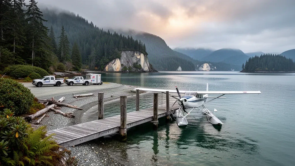 Hydravion à flotteurs amarré à la base d'hydravions de Blubber Bay sur l'île Texada, en Colombie-Britannique, avec des eaux calmes dans la baie, un quai en bois et des crêtes côtières boisées.