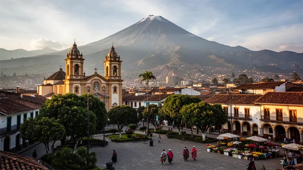 Catedral de Ambato con tejados de terracota y el volcán Tungurahua elevándose sobre los Andes en la provincia de Tungurahua, Ecuador