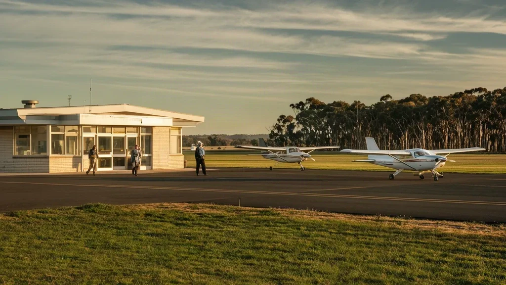 Piccolo terminal regionale presso l'aeroporto di Colac (XCO) in Victoria, Australia, con aerei leggeri parcheggiati e campo in erba sotto la luce del tardo pomeriggio.