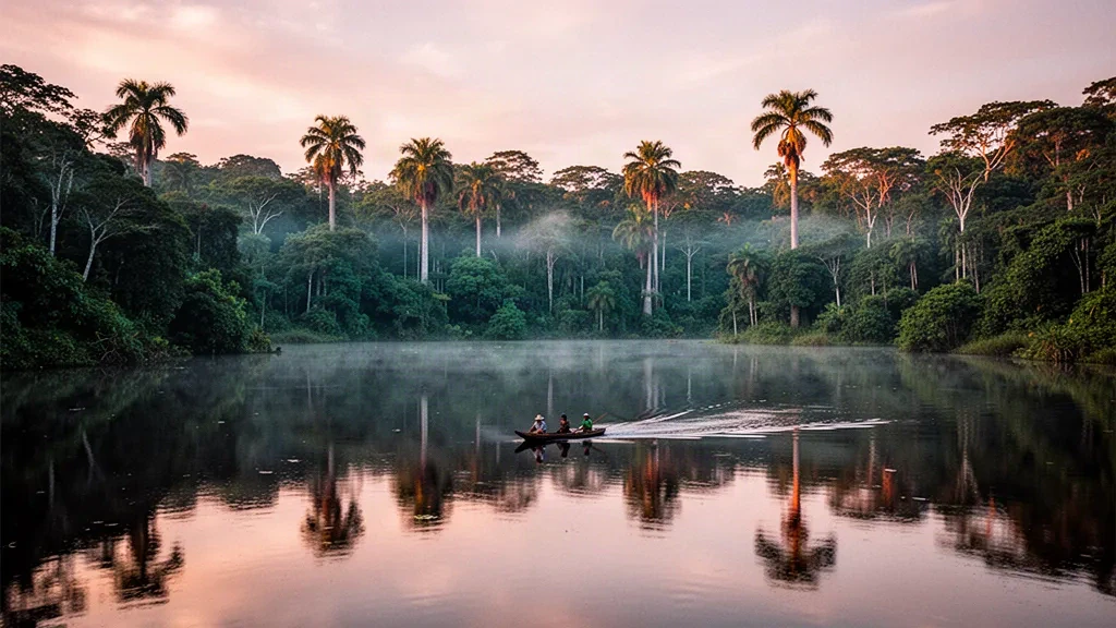Lever de soleil sur une lagune de la réserve de faune de Cuyabeno dans la province de Sucumbíos, en Équateur, avec la canopée de la forêt amazonienne et une pirogue