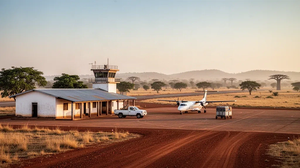 Pequeña plataforma rural y terminal en el aeropuerto de Diébougou, en Burkina Faso, rodeada de árboles de sabana bajo la luz dorada del final de la tarde