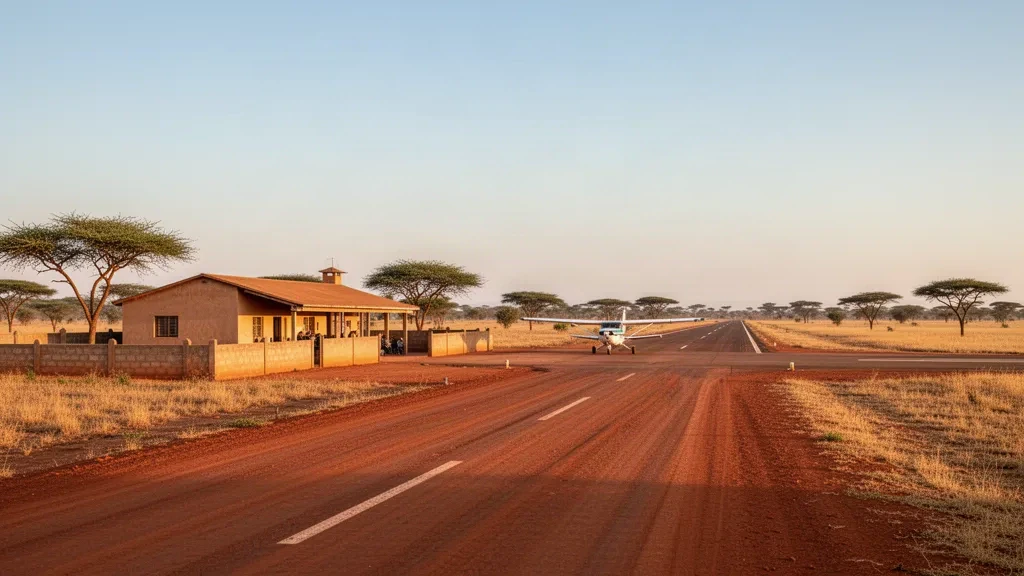 Small regional airport building and dry savanna runway at Kantchari Airport in Burkina Faso under warm golden-hour light