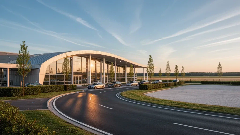Fransa'daki Châlons Vatry Havalimanı'nda modern cam ve açık renk metal terminal cephesi, sakin bir yolcu indirme şeridinde altın saat ışığı