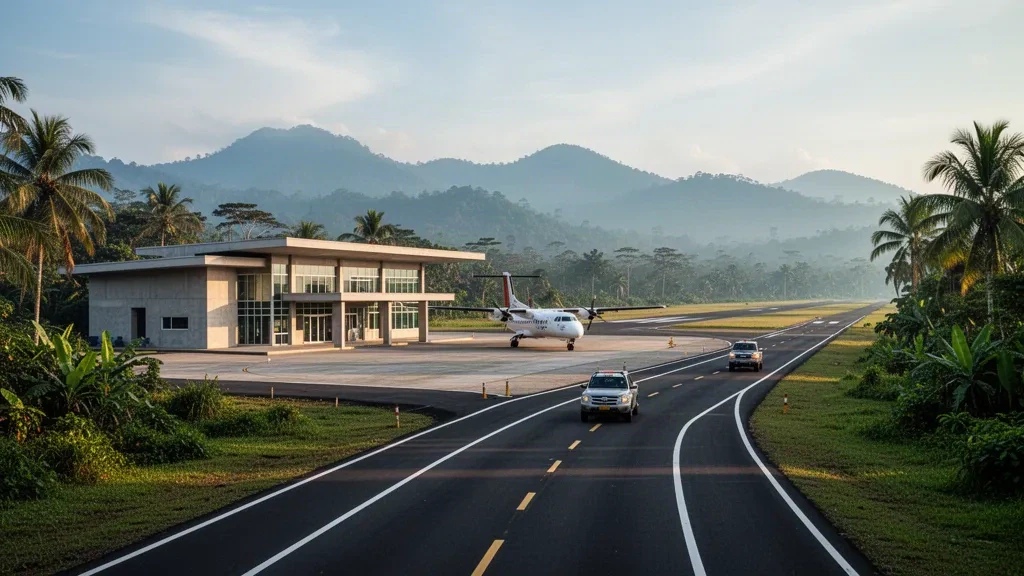 Terminal moderne de faible hauteur et tarmac de l'aéroport Coronel Edmundo Carvajal à Macas, en Équateur, entourés d'une végétation amazonienne luxuriante et de montagnes au loin.