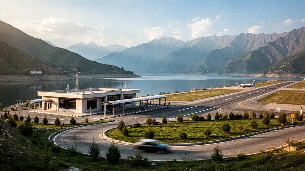 Terminal, tarmac et piste de l'aéroport de Mangla, encadrés par des collines verdoyantes et le réservoir d'un barrage dans le nord du Pakistan à l'heure dorée