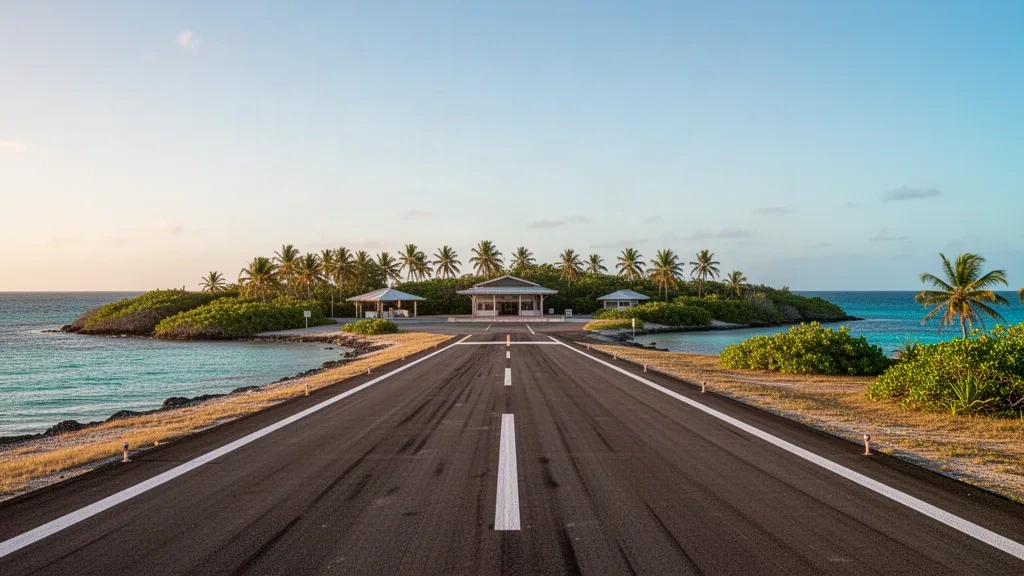 Scenic view of Yam Island Airport runway and open-air terminal surrounded by tropical Torres Strait vegetation and turquoise waters.