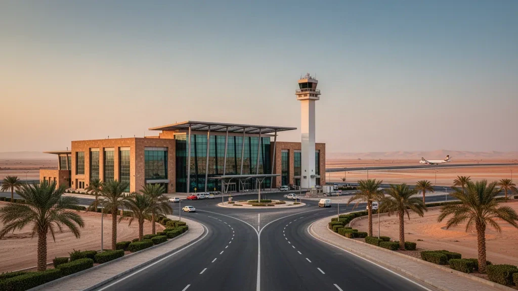 Terminal moderne et tour de contrôle sur un aérodrome désertique du sud de l'Irak, avec route d'accès et palmiers-dattiers à l'heure dorée