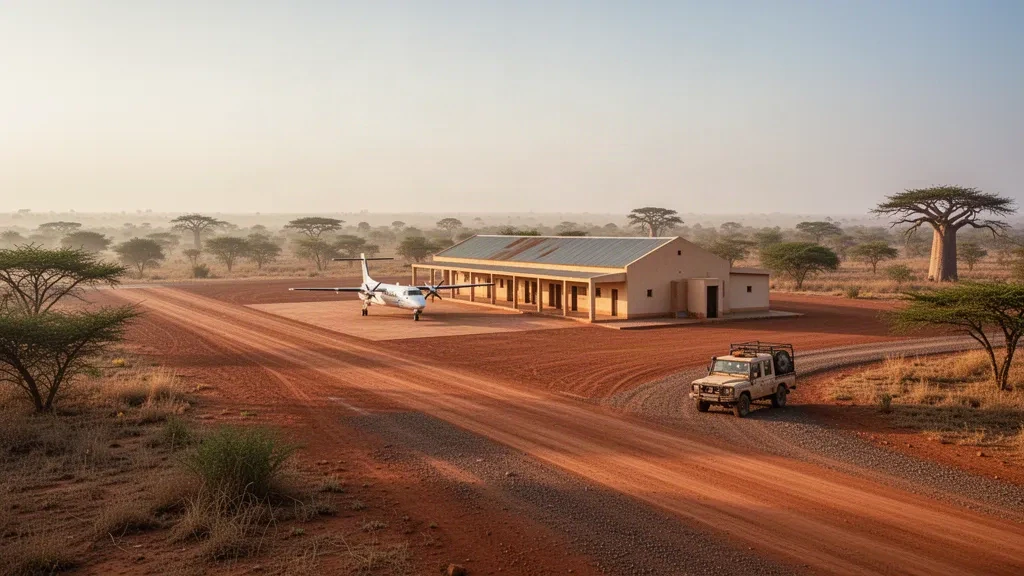 Pista de laterita, plataforma y edificio terminal bajo en el Aeropuerto de Nouna en Burkina Faso bajo la cálida luz matinal del Sahel