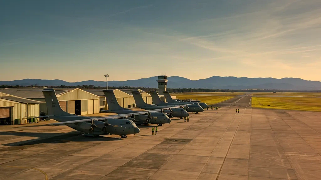 Militärische Transportflugzeuge und Hangars auf dem Vorfeld des Flugfelds der RAAF Base Richmond in New South Wales, Australien.