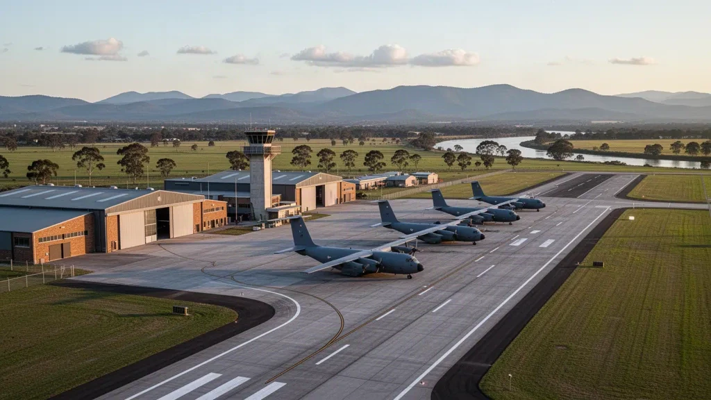 Yeni Güney Galler'deki RAAF Base Richmond havaalanının gün batımında pistini, hangarlarını ve park etmiş askeri nakliye uçaklarını gösteren havadan görünümü.