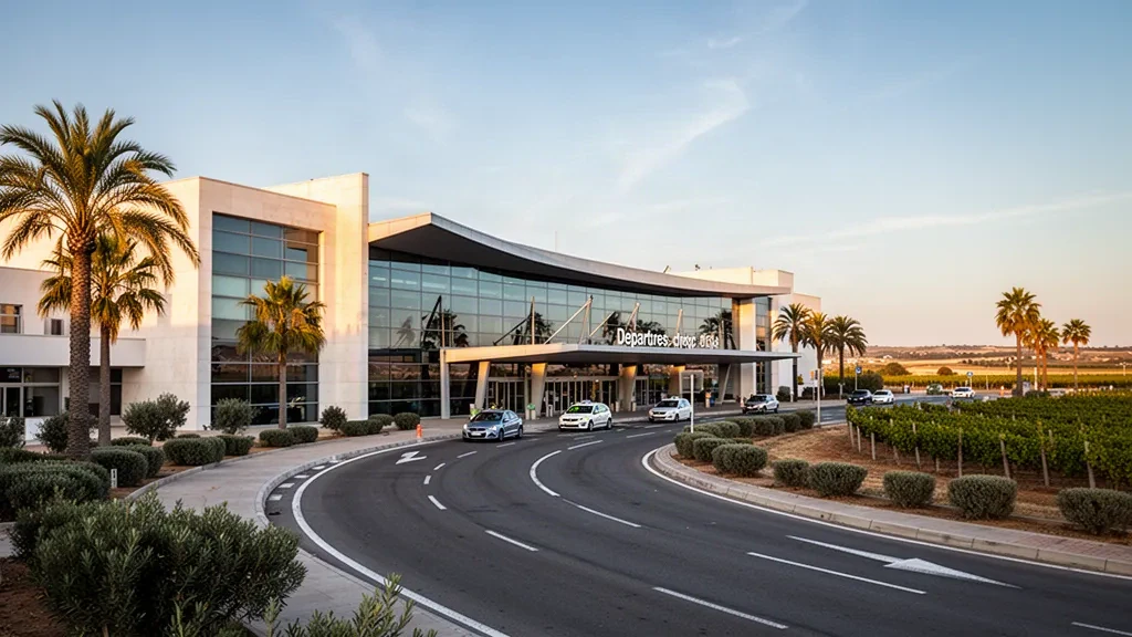 Moderne Glasfassade des Terminals am Flughafen Jerez in Andalusien, Spanien, mit Palmen und einer Vorfahrtspur in warmem Abendlicht.