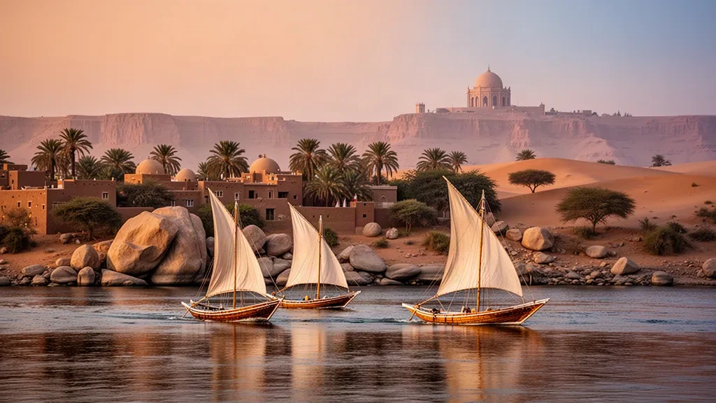 Felouques traditionnelles naviguant sur le Nil à Assouan, en Égypte, avec des blocs de granit, des palmiers et des maisons nubiennes dans une lumière dorée