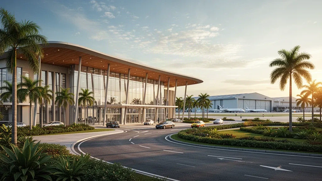 Extérieur moderne en verre du terminal de l'aéroport de Seletar à Singapour à l'heure dorée, encadré par une végétation tropicale et une voie de dépose courbe.