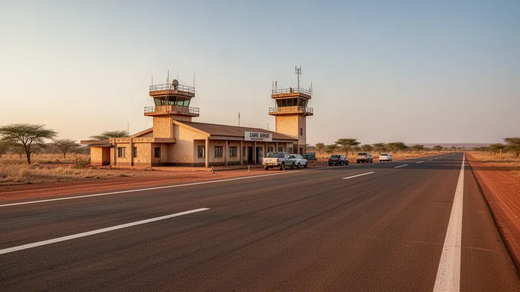 Terminal regionale e pista illuminati dal sole all'aeroporto di Zabré in Burkina Faso, circondati dal paesaggio arido della savana.
